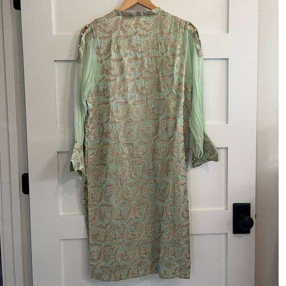 Agha Noor Embroidered Pearl Accents Chiffon Light Green Pistachio Top Sz Medium - Picture 2 of 10